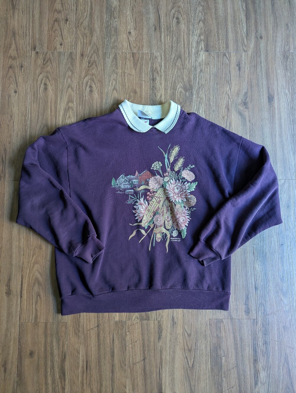 Purple Floral Crewneck Sweater with Contrast Collar Sz XL
